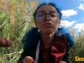 cutie with butt plug and jacket glasses with blue hair loves to have sex sucking dick on the river