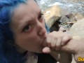 cute schoolgirl with blue hair gives blowjob and sex to get cum on face