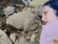 cute schoolgirl with blue hair gives blowjob and sex to get cum on face