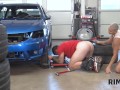 RIM4K. Busty hottie with bald hair worships mechanics ass in garage