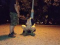 A submisive piss slut takes a piss in her mouth in a public park