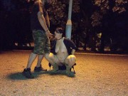 A submisive piss slut takes a piss in her mouth in a public park