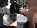Piss slut Wife sucks dick while I pee on the toilet