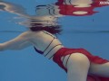 Super hot in red lingerie babe Marfa underwater and by the pool