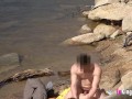 Redhead girl and her cum shower at the beach