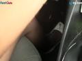 Redhead shows off panties and stockings in car and drives