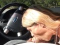 Milf sucking dick on the parking by the public road. Public cock sucking and cumshot