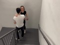 Public stairwell fuck in yoga pants with 2 guys ending in double facial / Amateur hotwife