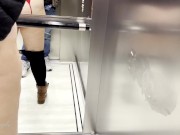 Public Fuck and Blowjob in a hotel elevator - risky cumshot on ass and whiped cum on elevator wall !