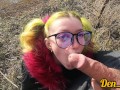 hard anal sex on the street with a cute green-haired girl in a jacket with glasses cum on her face a