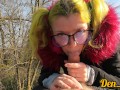hard anal sex on the street with a cute green-haired girl in a jacket with glasses cum on her face a