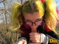 hard anal sex on the street with a cute green-haired girl in a jacket with glasses cum on her face a