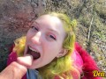 green haired schoolgirl likes to have sex outdoors to get a big load on her face and clothes