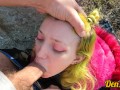 green haired schoolgirl likes to have sex outdoors to get a big load on her face and clothes