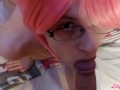 Little slut with pink hair is roughly fucked in the mouth by her stepfather