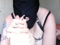 Horny slut smoking and putting lotion feet , pussy and feet worshipping