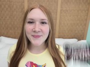 Redheaded teen with freckles and red pubic hair sucks cock