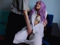 Cute girl with purple hair is delighted with my penis