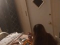 Beautiful white girl smokes in black night gown  with a roommate part 1