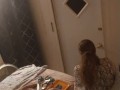 Beautiful white girl smokes in black night gown  with a roommate part 1