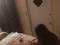 Beautiful white girl smokes in black night gown  with a roommate part 1