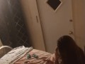 Beautiful white girl smokes in black night gown  with a roommate part 1