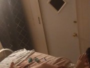 Beautiful white girl smokes in black night gown  with a roommate part 1