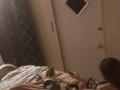 Beautiful white girl smokes in black night gown  with a roommate part 3b