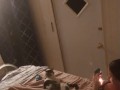 Beautiful white girl smokes in black night gown  with a roommate part 3b