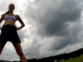 Yoga and Gymnastics Outdoors without Panties in School Uniform Miniskirt with Hot Tight Pussy Girls