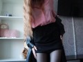 GIRL IN A LEATHER COAT AND BLACK PANTYHOSE UNDRESSES AND MASTURBATES VIRGIN PUSSY