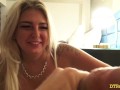 DTFsluts - Sexy Blonde Babe With Tattoos Blows big Dick in front of Hotel window