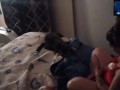 White cute milf in night dress smoking and watching TV
