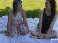 Lesbian Babe Rides a Strapon In the Park