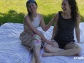 Lesbian Babe Rides a Strapon In the Park