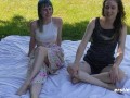 Lesbian Babe Rides a Strapon In the Park