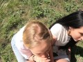 Double Blowjob in the Woods from Slutty Girlfriends