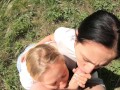 Double Blowjob in the Woods from Slutty Girlfriends