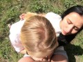 Double Blowjob in the Woods from Slutty Girlfriends