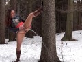Hot and Sexy Brunette Releases Powerful Pee Outside In Snow