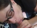 CUM ON GLASSES. Secretary with glasses sucks boss's cock for salary