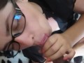 CUM ON GLASSES. Secretary with glasses sucks boss's cock for salary