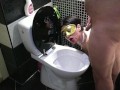 Hard toilet slave training! Sitting on toilet and decide to piss in her mouth