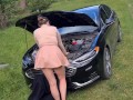 I fuck a young beauty in pussy on the hood of a car and cum on her. Teen outside cumshot