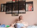 Lying on a bed fucking a turbo ignition Fleshlight sideways perspective
