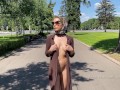 Stylish Lady walks naked in park. Public.