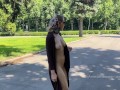 Stylish Lady walks naked in park. Public.