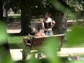 Petite babe seduces a random black dude in the park and bangs him at home