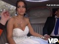 VIP4K. Excited girl in wedding dress fools around not with future hubby