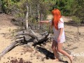 redhead milf pissing in the woods standing on a log 4K 60fps